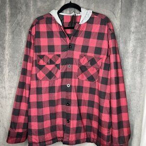 Plaid Flannel‎ Jacket Medium Hooded Quilted Lining Button Front Red